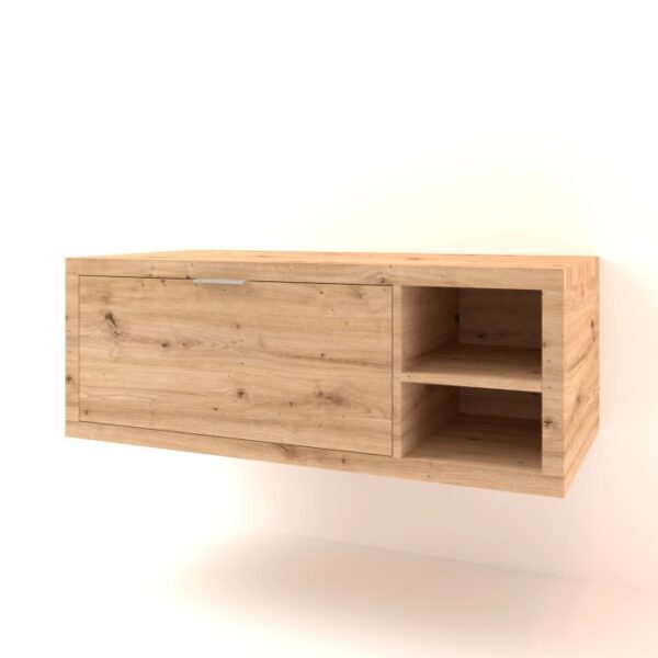 Mobile bagno sospeso effetto legno con cassetto e vani a giorno.