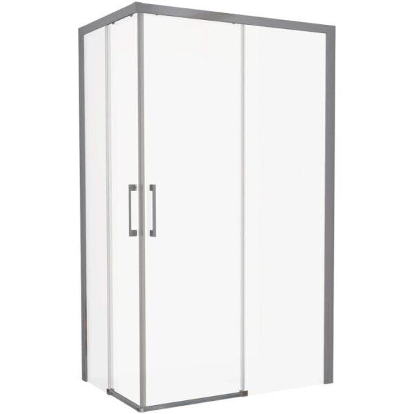 Box doccia angolare con porta scorrevole e telaio grigio.