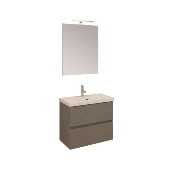 Moderno set di mobili bagno: mobile lavabo con due cassetti, lavabo e specchio con lampada.