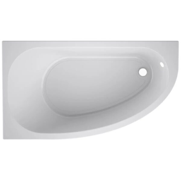 Vasca da bagno bianca, vasca angolare vista dall'alto. Accessori per doccia e bagno.