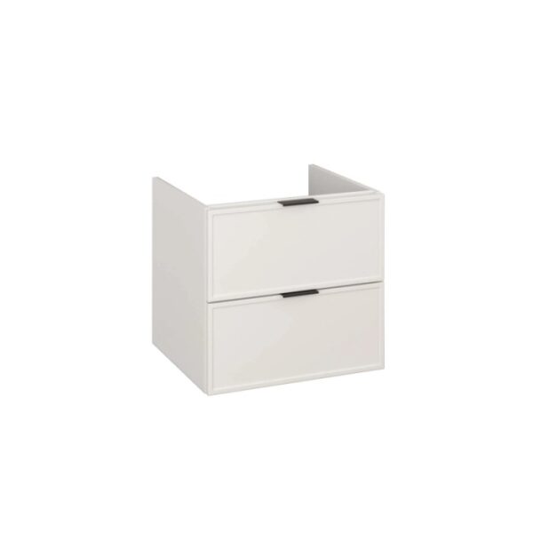 t.b.t. Mobile bagno bianco con due cassetti e maniglie nere.
