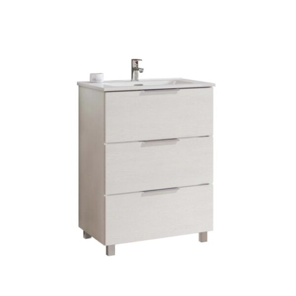 t.b.t. Mobile bagno bianco con tre cassetti e lavabo da appoggio.