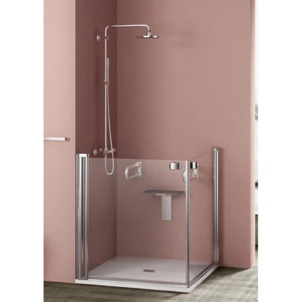 Box doccia aperta accessibile con sedile e maniglione. Ideale per bagno per anziani.