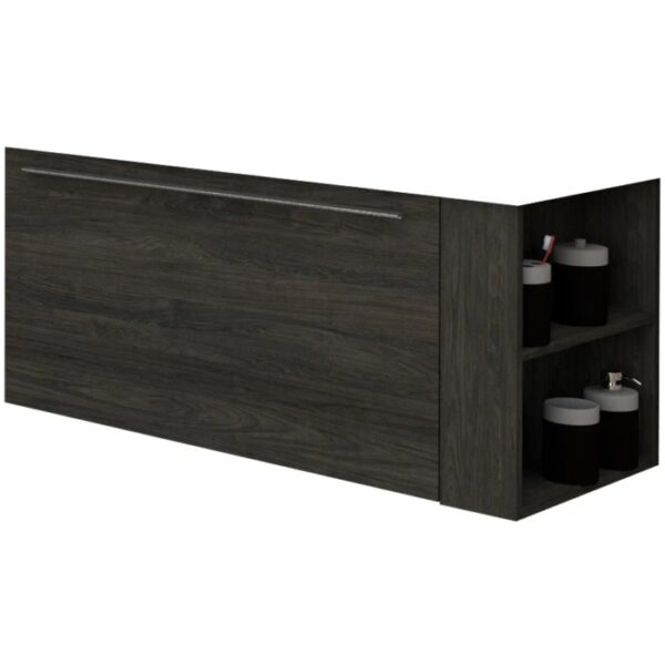 Mobile bagno sospeso scuro con ripiano per accessori.