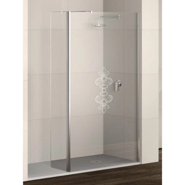 t.b.t. Box doccia walk-in con decoro, vetro e profili color argento.