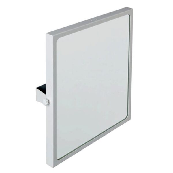 Specchio da bagno quadrato bianco con mensola e staffa regolabile.