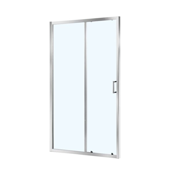 Pannello doccia t.b.t. con porta scorrevole e telaio argentato.