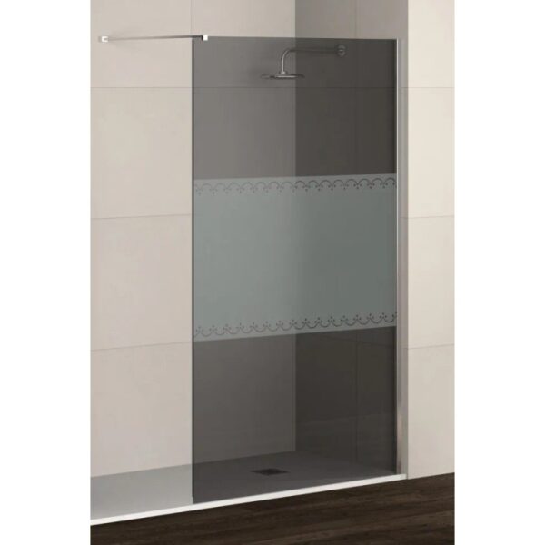 Box doccia walk-in t.b.t. con satinatura parziale e motivo decorativo.