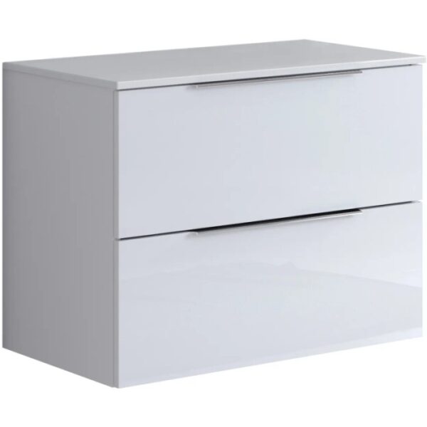 Mobile bagno bianco con due cassetti e maniglie in metallo.