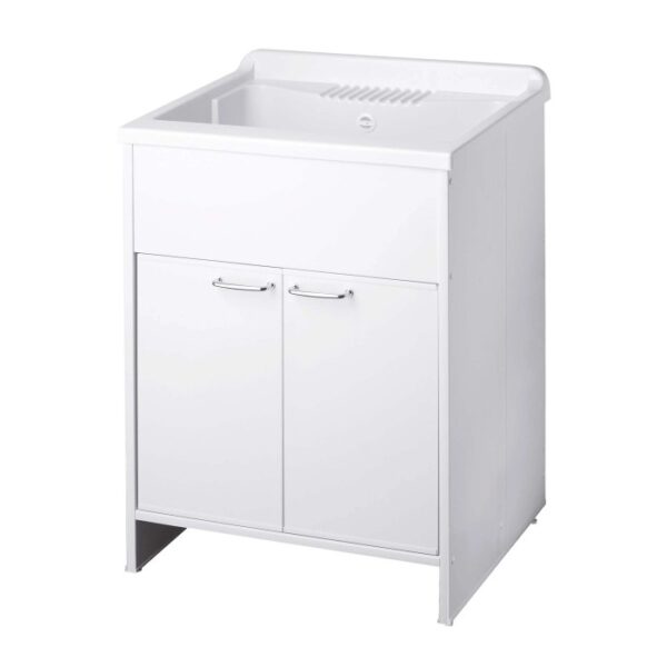 Mobile lavatoio bianco con due ante per lavanderia o bagno.