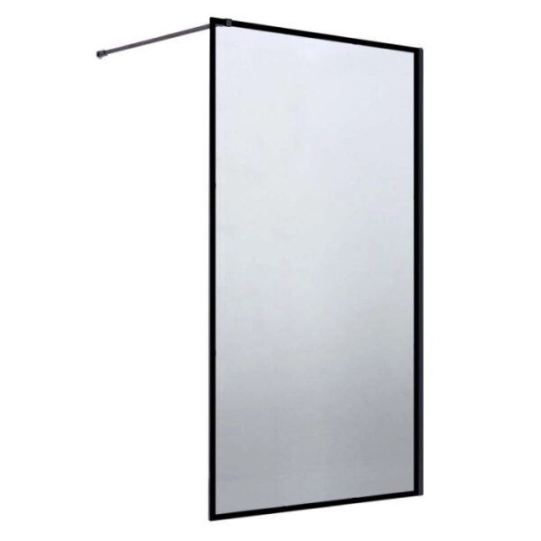 Box doccia walk-in t.b.t. con telaio nero e barra di supporto.