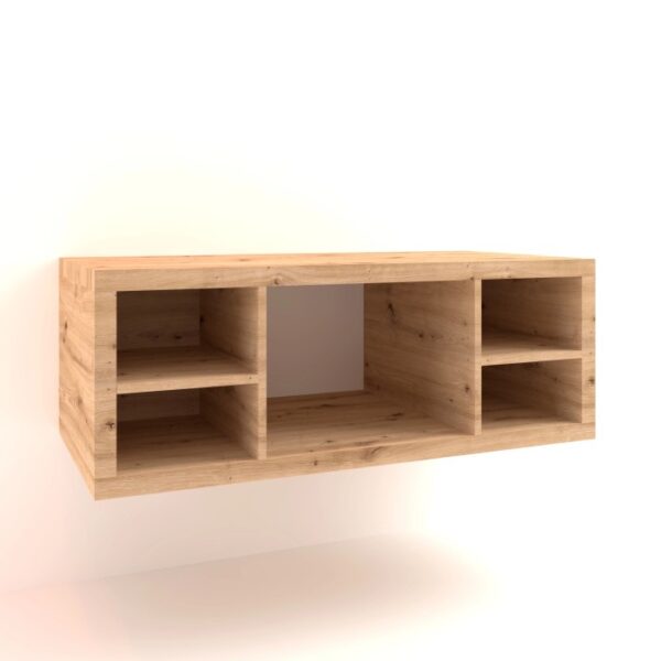 Mobile bagno sospeso in legno chiaro con scomparti aperti. Arredo bagno.