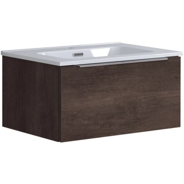 Mobile bagno con lavabo e finitura in legno scuro.