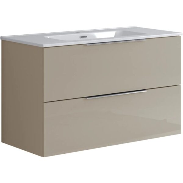 Mobile bagno t.b.t. color tortora con due cassetti e lavabo bianco.