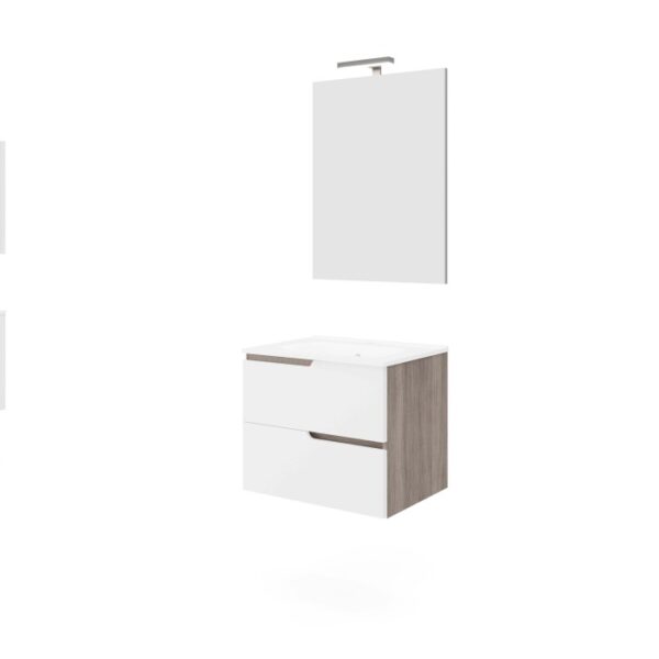 Set moderno di mobili da bagno: mobile lavabo bianco/effetto legno con specchio e lampada.