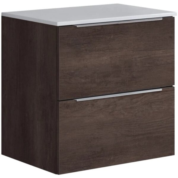 Mobile bagno sospeso marrone scuro con due cassetti e piano bianco.