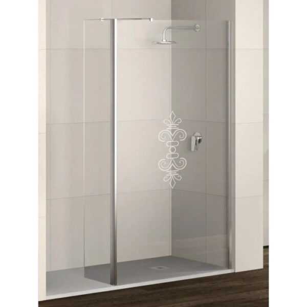 Box doccia walk-in t.b.t. con decoro, profili cromati e soffione.