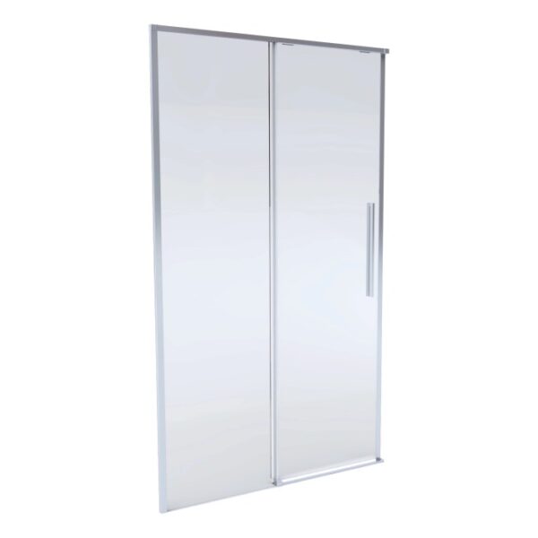 Box doccia t.b.t. con porta scorrevole, vetro e telaio argentato.
