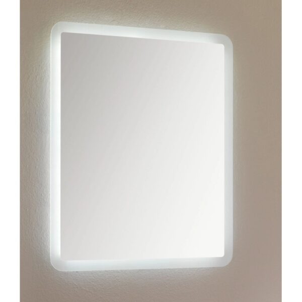 Specchio rettangolare con angoli arrotondati e illuminazione a LED.