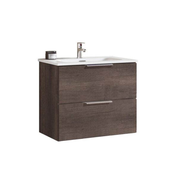 Mobile bagno t.b.t. effetto legno con due cassetti e lavabo da appoggio.