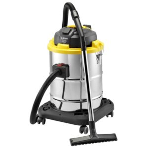 t.b.t. aspirapolvere per liquidi e solidi in acciaio inox con dettagli gialli.