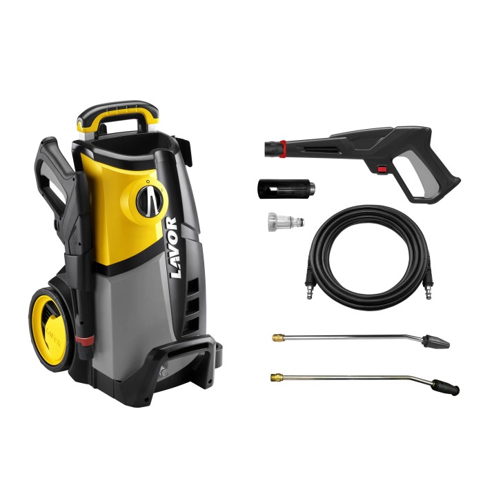 Idropulitrice giallo-grigia con accessori come pistola e ugelli.