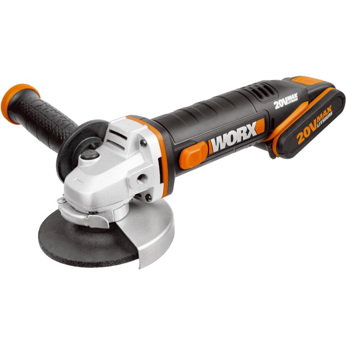 Smerigliatrice angolare a batteria Worx WX800 20V con batteria, impugnatura ausiliaria e disco abrasivo.