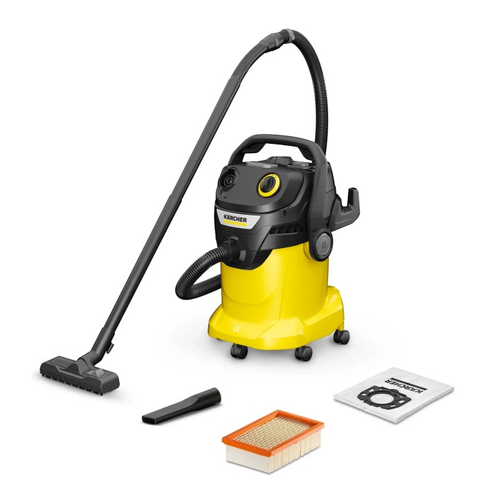 Aspirapolvere multiuso giallo Kärcher con accessori. Ideale per casa e officina.