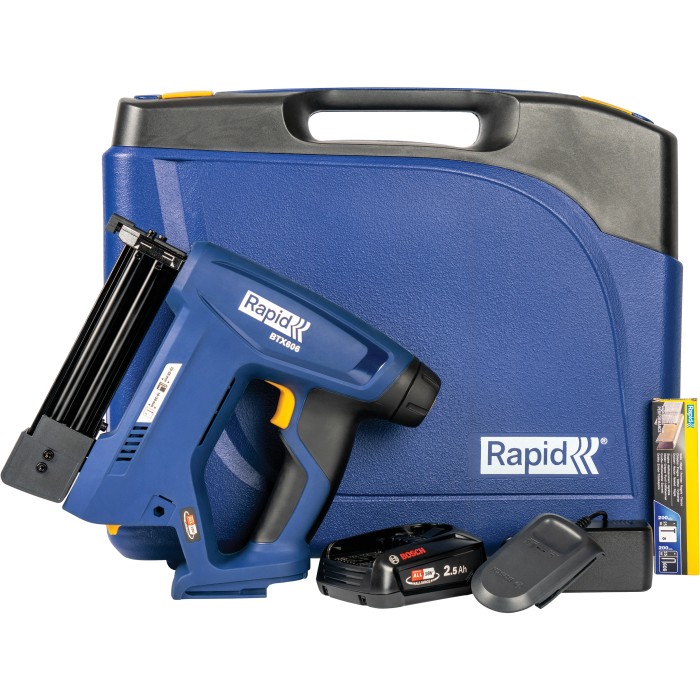 Rapid BTX606 18V sparapunti a batteria con batteria, caricabatterie e accessori in valigetta blu.