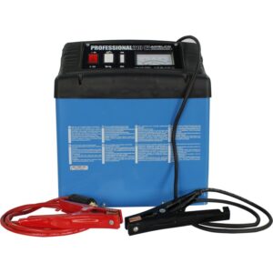 Caricabatterie blu con cavo di ricarica rosso e nero per la riparazione auto.
