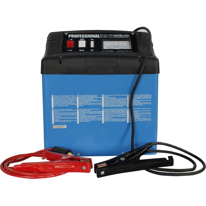 Caricabatterie blu con cavo di ricarica rosso e nero per la riparazione auto.