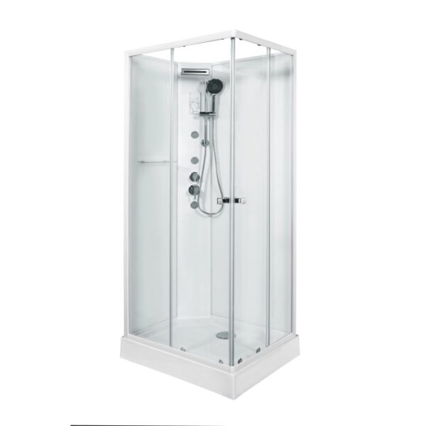 Box doccia t.b.t. bianca con vetro frontale e set doccia integrato.