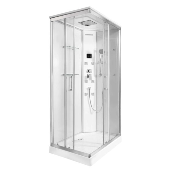 Cabina doccia t.b.t. con vetro frontale e doccia integrata.