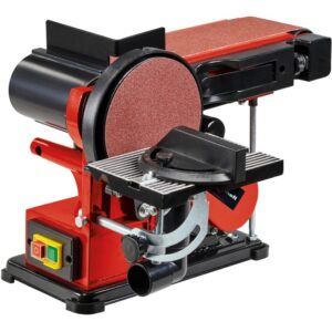 Einhell TC-US 380 Levigatrice a nastro e disco: Levigatrice rossa con nastro e disco abrasivo.