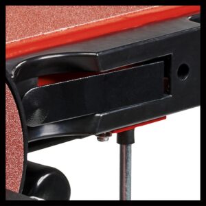 Dettaglio: Levigatrice a nastro e disco Einhell TC-US 380, guida del nastro abrasivo.