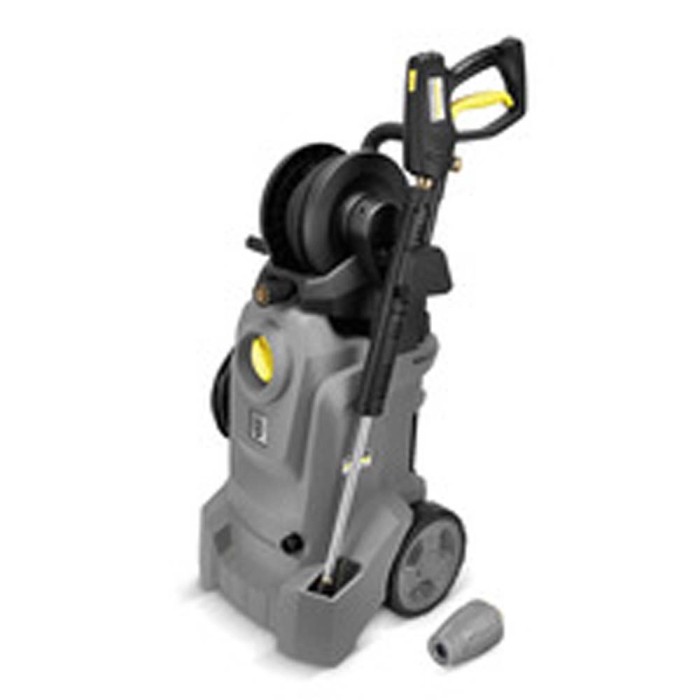 Idropulitrice grigia con avvolgitubo e accessori.