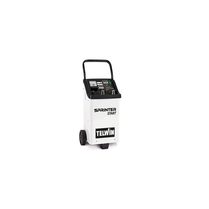 Caricabatterie Telwin Sprinter Start 3000 con ruote per la riparazione auto.