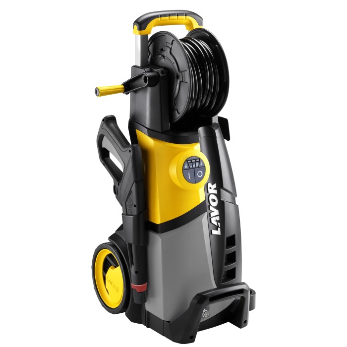 Idropulitrice giallo-grigia con avvolgitubo. Ideale per la pulizia della casa e del giardino.