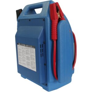Dispositivo blu t.b.t. per riparazione auto con cavi di avviamento rossi e maniglia.