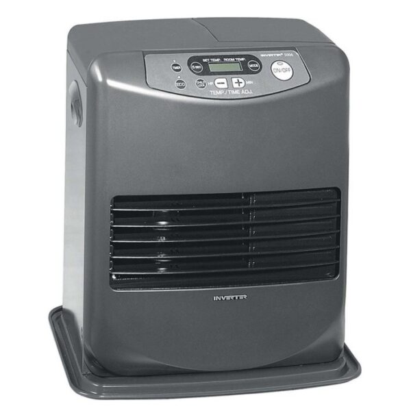 Stufa t.b.t. grigia con pannello di controllo e griglia di ventilazione.