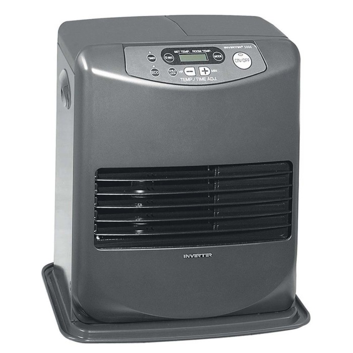 Stufa t.b.t. grigia con pannello di controllo e griglia di ventilazione.