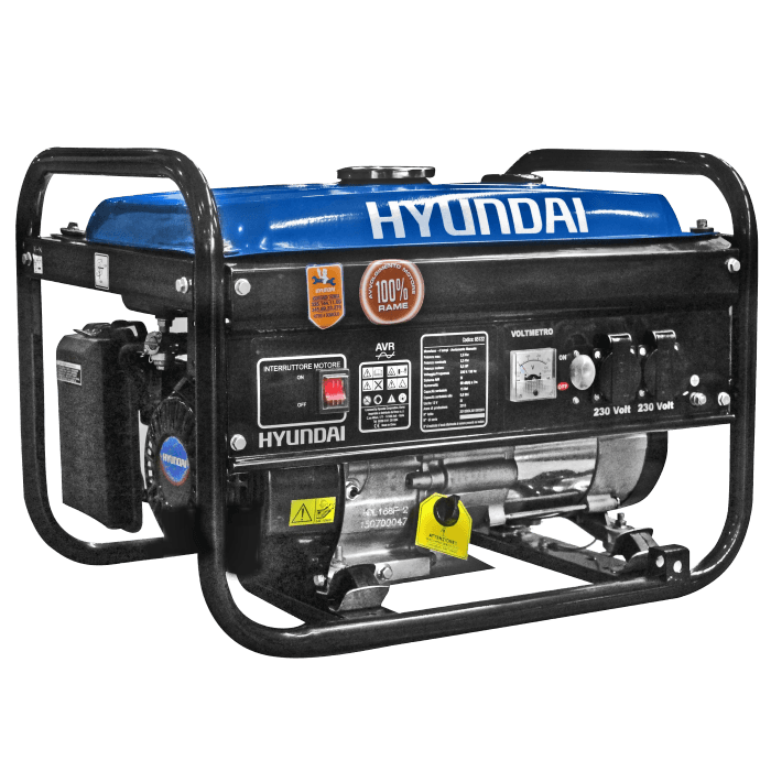 Generatore di corrente Hyundai blu con telaio nero e comandi.