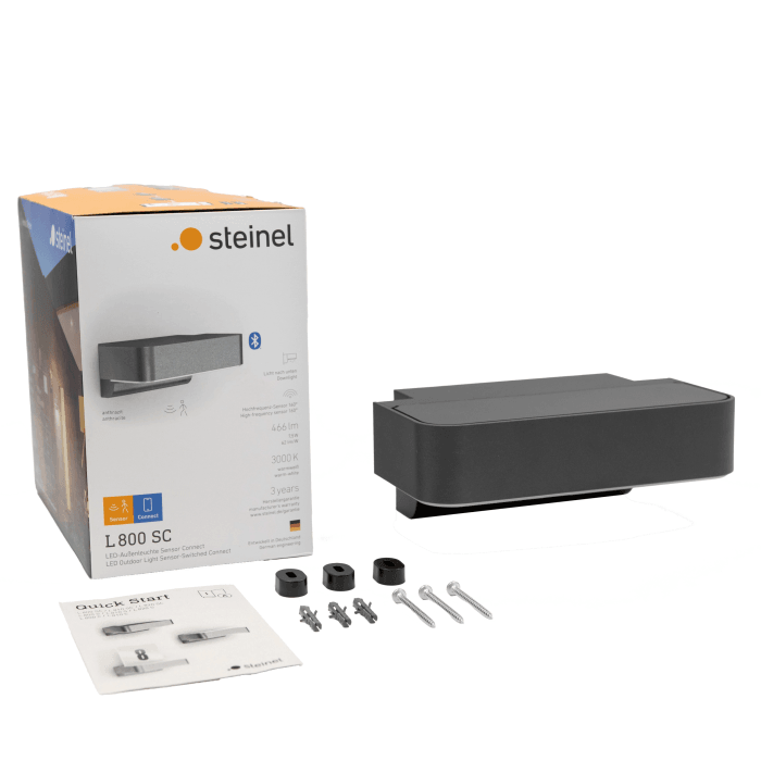 Lampada da esterno a LED Steinel L 800 SC antracite con accessori e confezione.