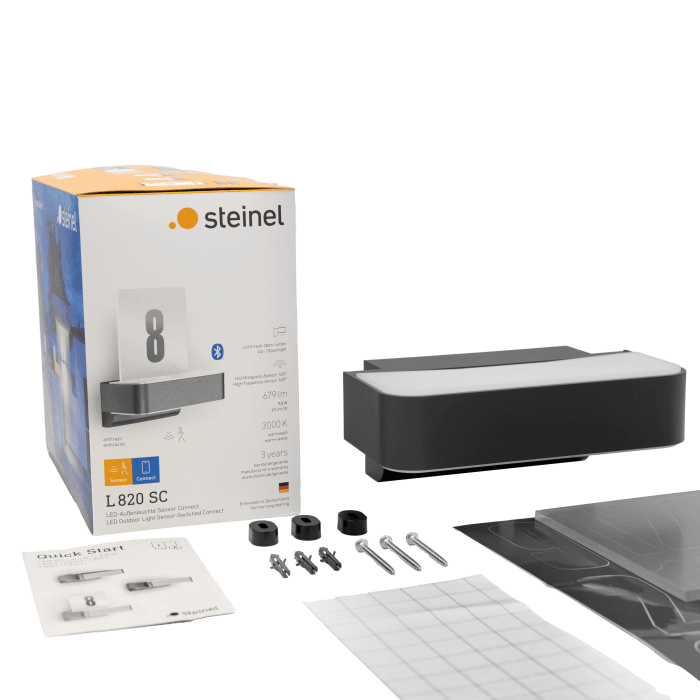 Lampada da esterno LED Steinel L 820 SC antracite con accessori e confezione.