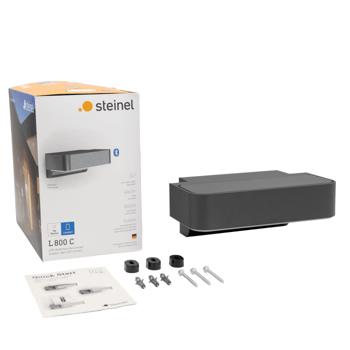Lampada da esterno a LED Steinel L 800 C antracite, con accessori di montaggio e confezione.