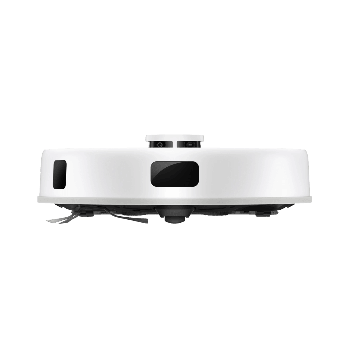 Mova robot aspirapolvere e lavapavimenti E20 Plus, vista laterale. Robot aspirapolvere bianco con sensori e spazzole.