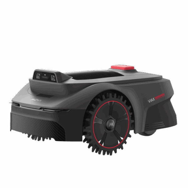 Robot rasaerba nero Mova ViAX 300 con mappatura AI e dettagli rossi.