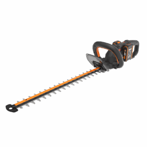 Tagliasiepi a batteria Worx Nitro WG263E con batteria, cesoie da giardino arancio e nere.