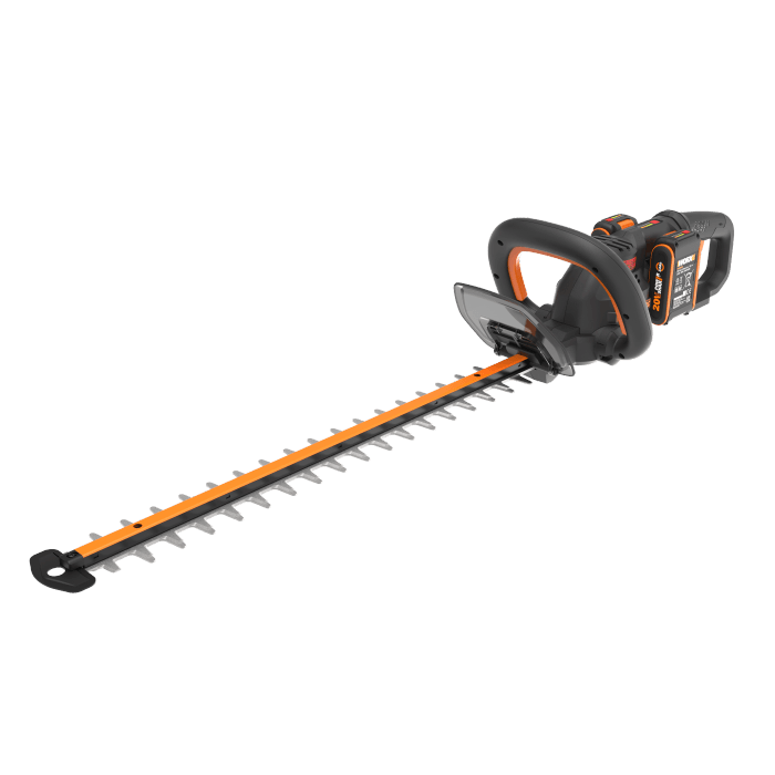 Tagliasiepi a batteria Worx Nitro WG263E con batteria, cesoie da giardino arancio e nere.