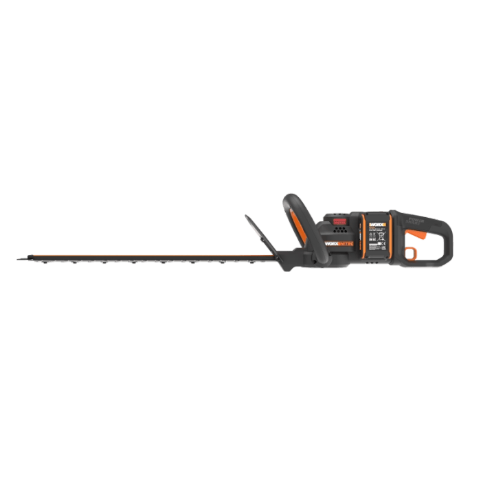 Tagliasiepi a batteria Worx Nitro WG263E con lama lunga e corpo nero.